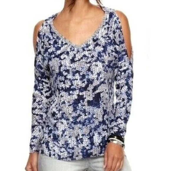 (5 for $25) Juicy Couture Sequin Patterned Sexy Cold Shoulder Top - Size Medium - Picture 2 of 9